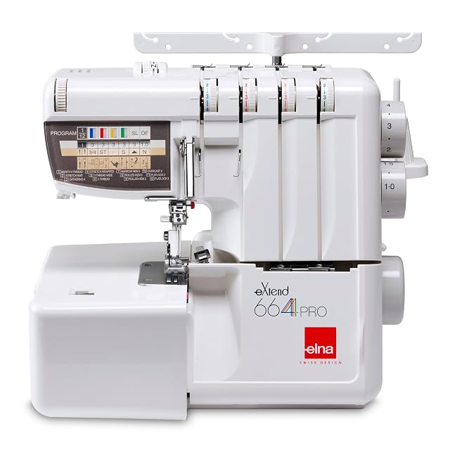Remalladora Elna eXtend 664 PRO V2, vista frontal en tres cuartos