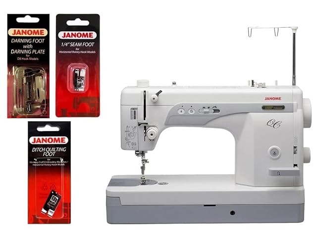 Máquina de quilting de puntada recta Janome 1600P-QC, vista frontal en tres cuartos