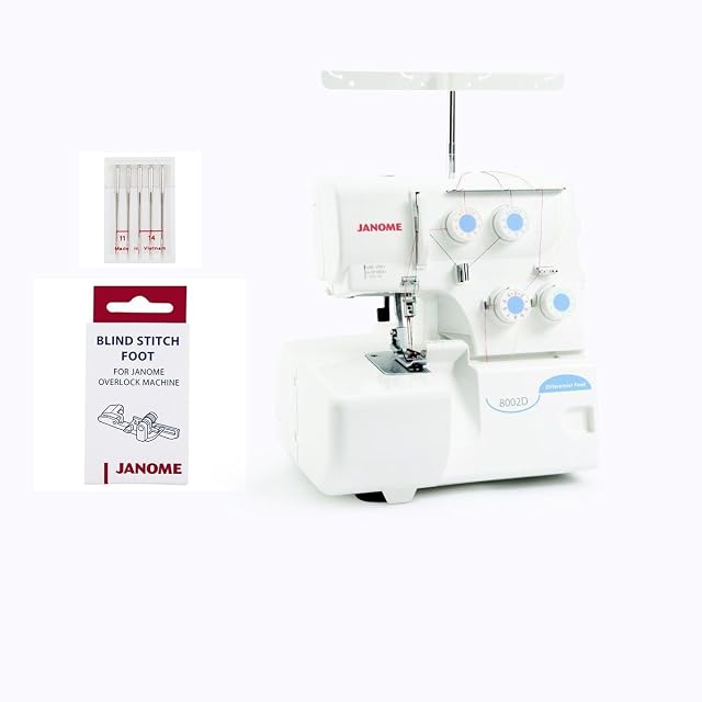 Remalladora Janome 8002D, vista frontal en tres cuartos