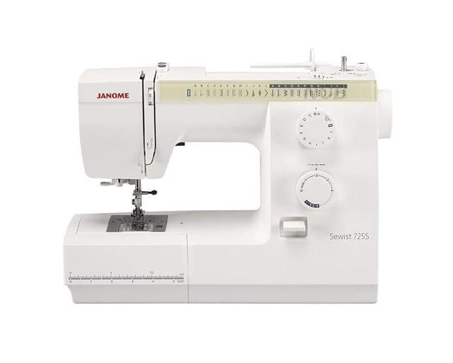 Máquina de coser mecánica Janome Sewist 725S, vista frontal en tres cuartos