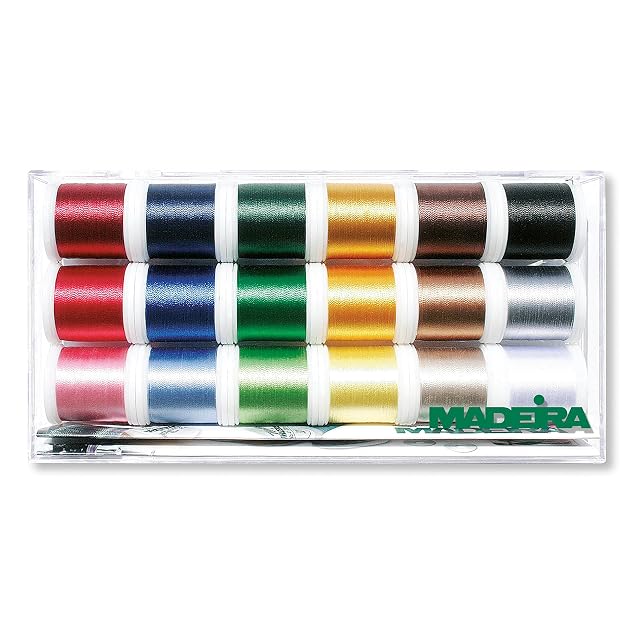 Caja de hilos de bordar Madeira Polyneon con dieciocho carretes